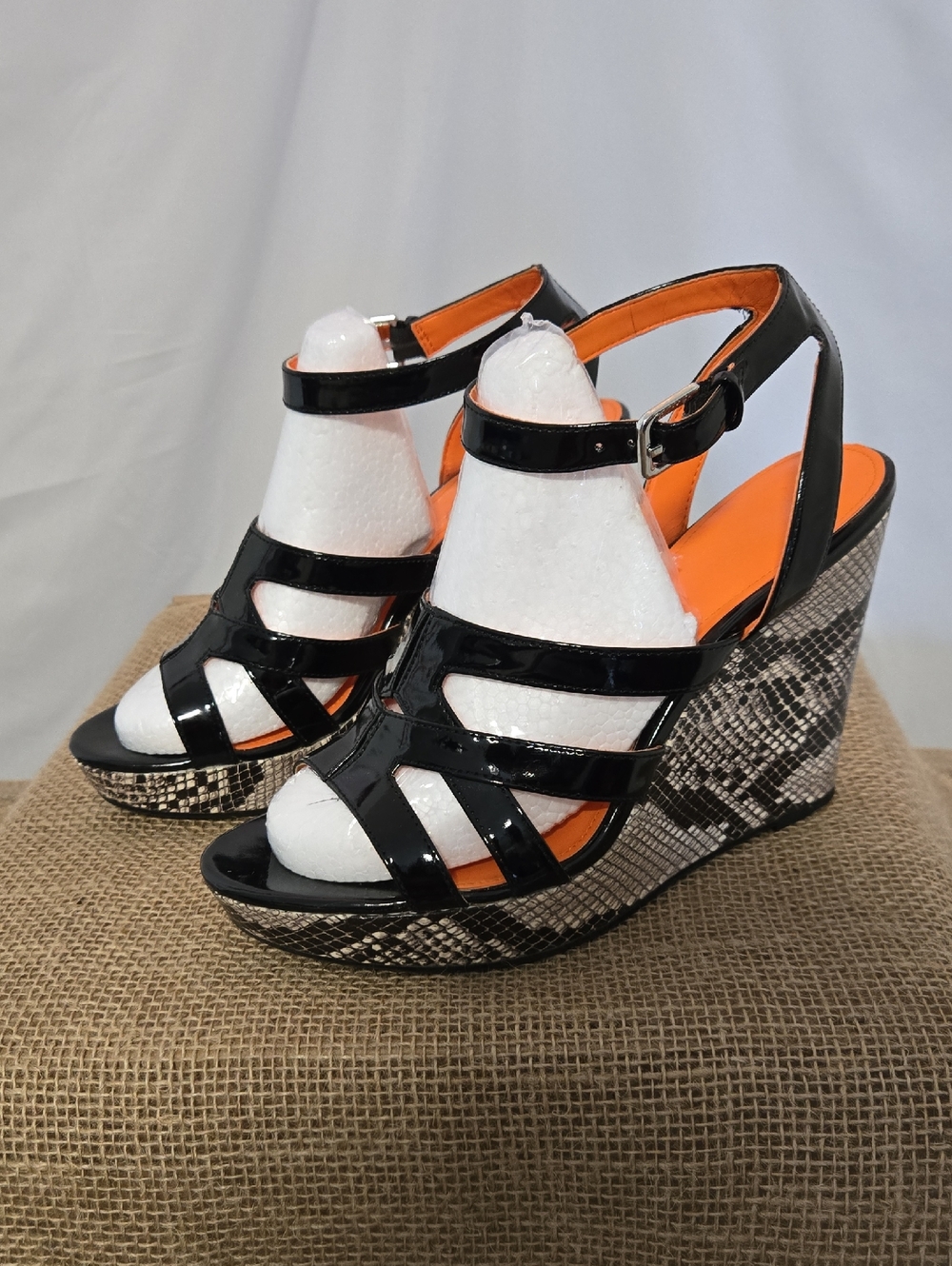 Calvin Klein Black Patent Strappy Wedge Sandals with Orange Insole